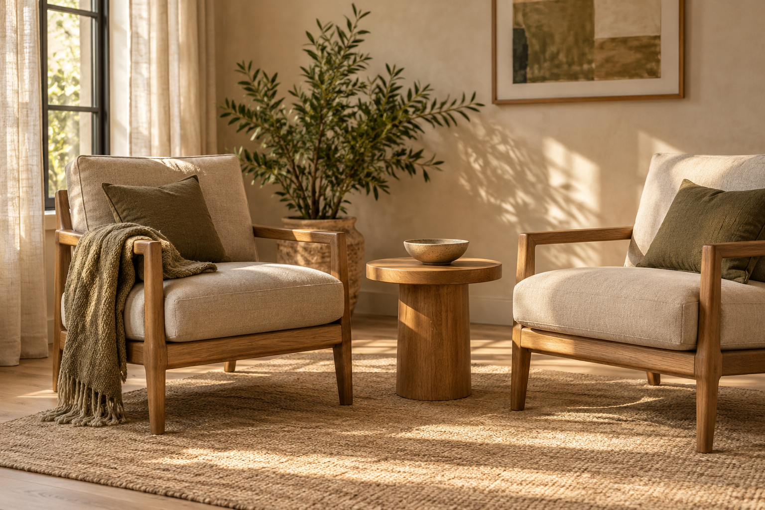 A warm, neutral seating nook with armchairs, natural light, and greenery